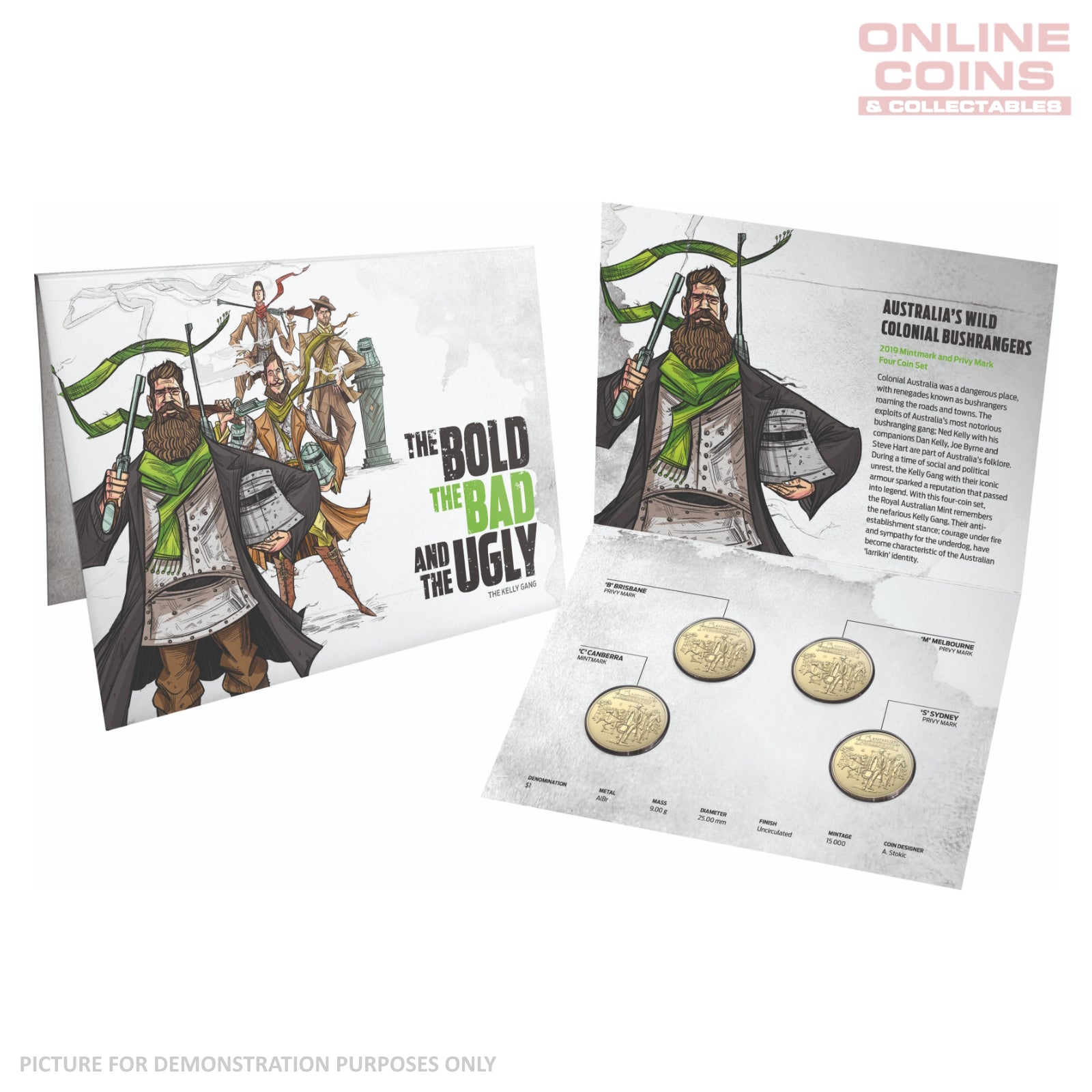 2019 $1 AlB Four Coin Mintmark and Privy Mark Uncirculated Set - Australian Bushrangers